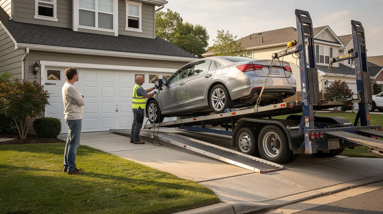 The image depicts a residential driveway where a car is being carefully loaded onto an enclosed car carrier transport, while a homeowner observes the process. This scene illustrates the vehicle shipping experience, highlighting the importance of reliable auto transport services for safe car shipment.