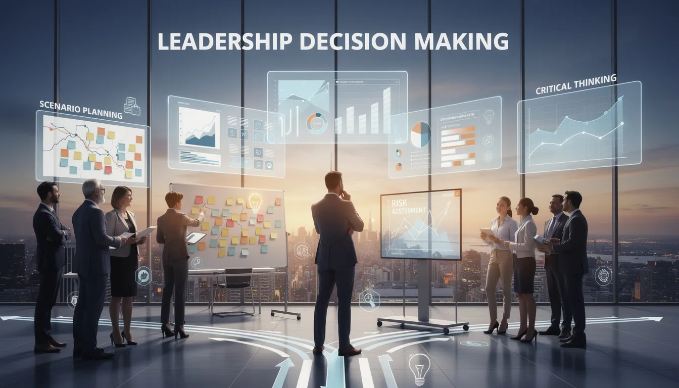 The image depicts a diverse group of leaders engaged in a collaborative decision-making session, analyzing data on a large screen while discussing various strategies. This setting emphasizes the importance of leadership development programs that enhance critical thinking and strategic decision-making skills essential for driving business success.