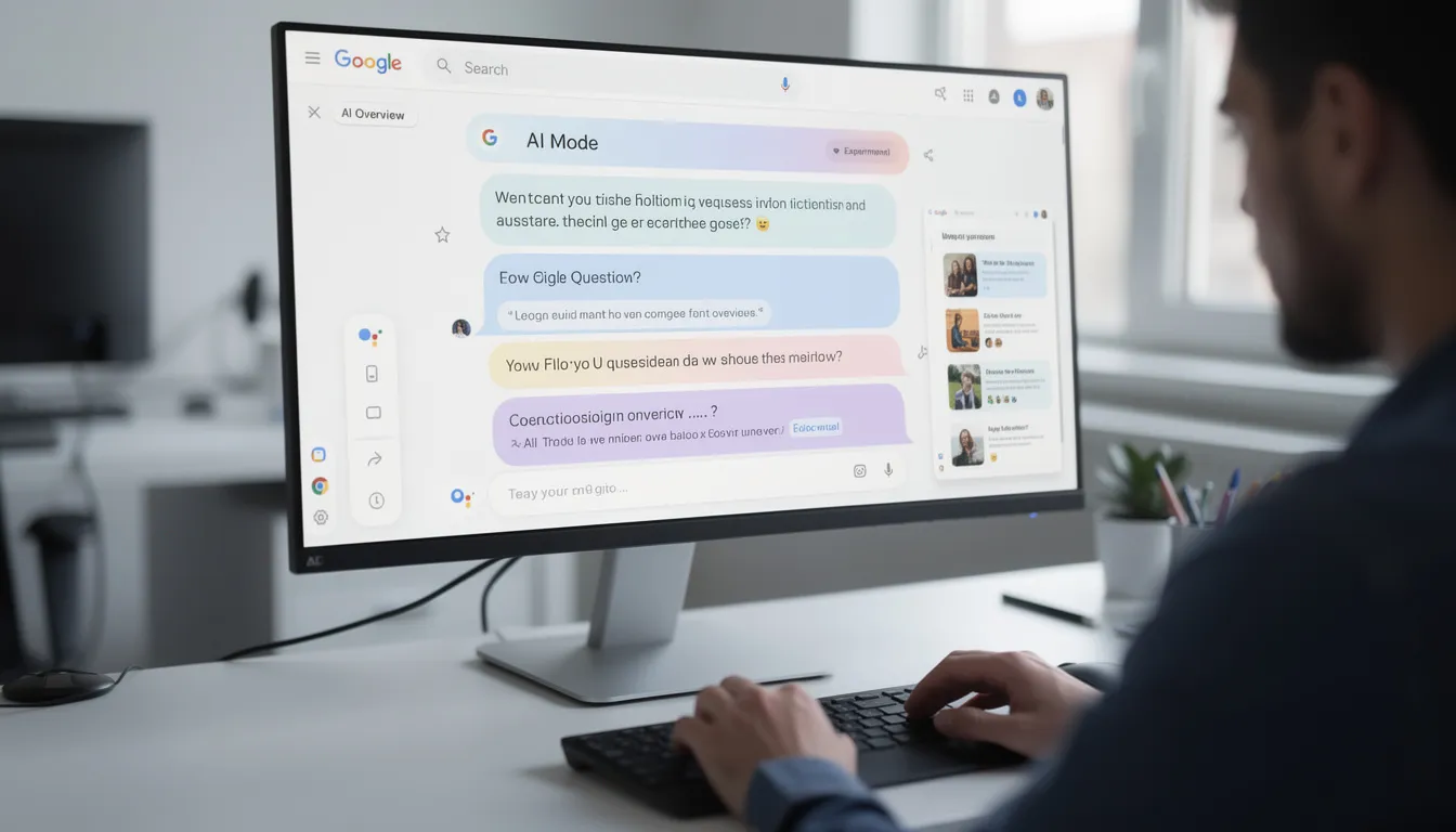 The image depicts the new AI Mode feature in Google Search, showcasing a dynamic interface where users can engage in conversations with the AI to ask complex questions and explore topics in depth. This innovative approach to AI search enhances the search results page by allowing users to access relevant information and AI-generated summaries seamlessly.