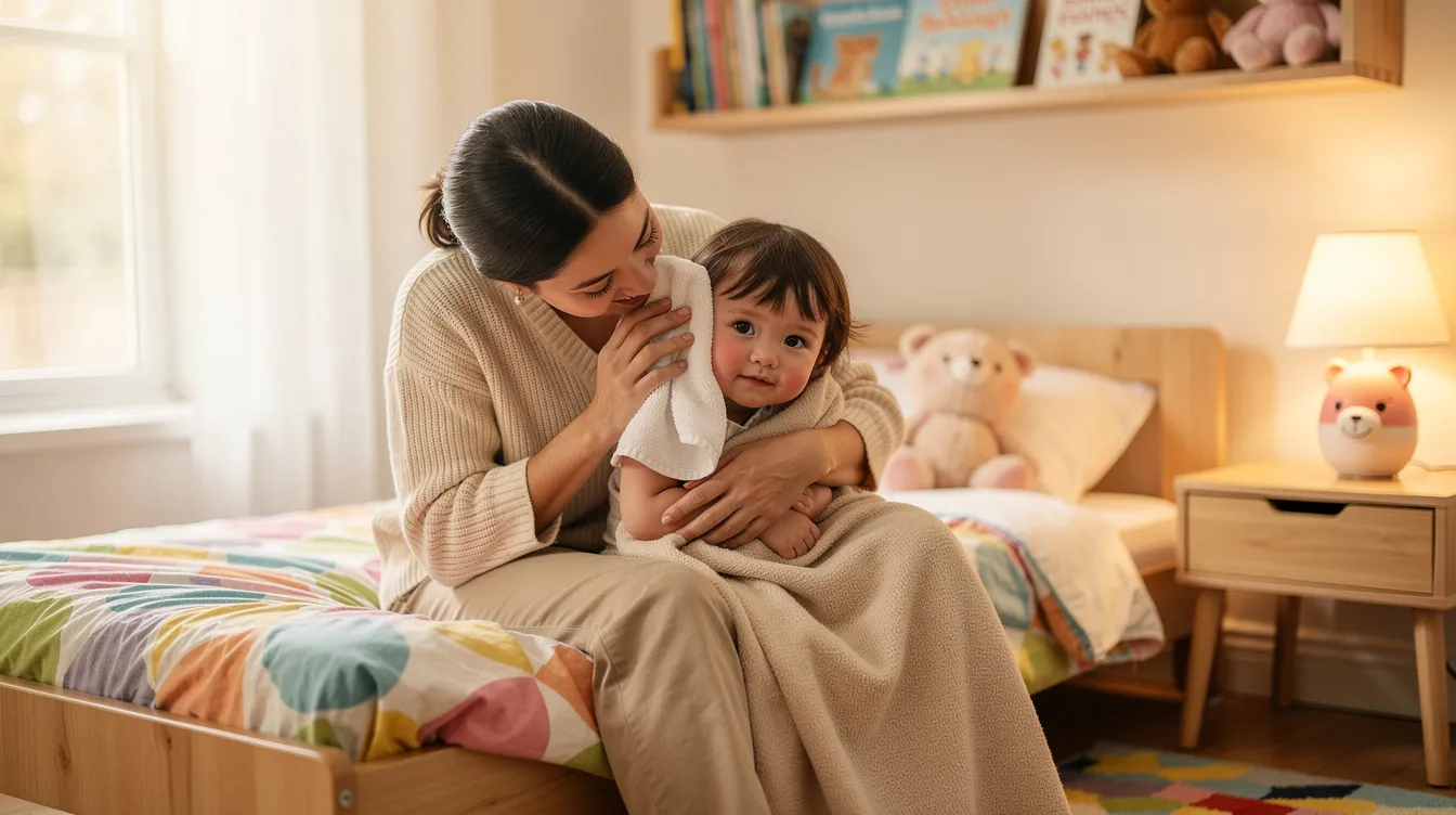 Ein Elternteil hält liebevoll ein warmes Tuch an das Ohr eines kleinen Kindes in einem hellen, freundlichen Kinderzimmer, um die Beschwerden von Ohrenschmerzen zu lindern. Diese Vorgehensweise kann als Hausmittel gegen die Symptome einer Mittelohrentzündung dienen.