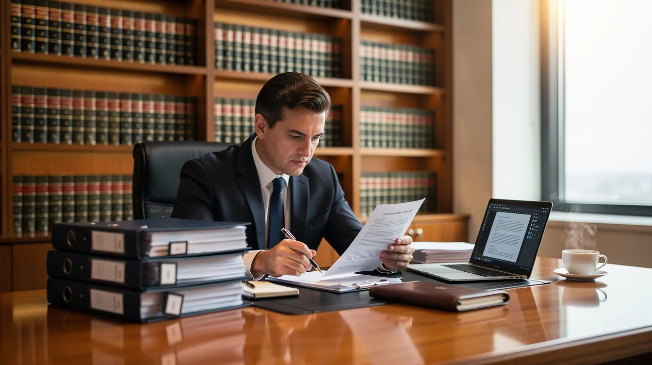 A criminal defense lawyer is seen intently reviewing legal documents at a desk, surrounded by various files related to criminal cases. This experienced attorney is focused on building a strong defense for their clients facing criminal charges.