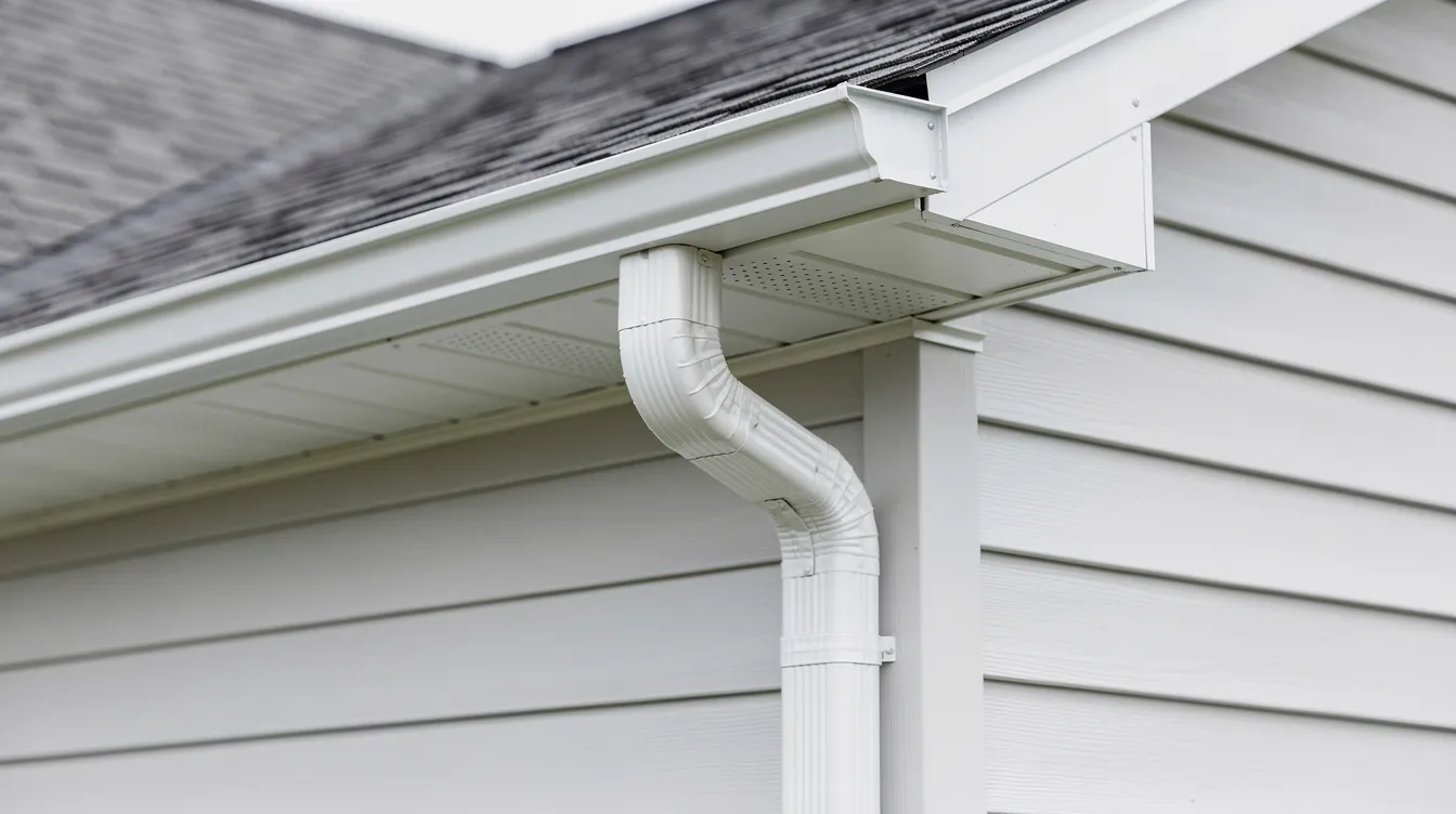 The image shows a close-up view of a home featuring a fully installed 6-inch K-style gutter system with a downspout, designed to handle heavy rainfall and prevent overflow. The gutter is seamlessly integrated with the roof and siding, providing adequate protection against debris and water damage.