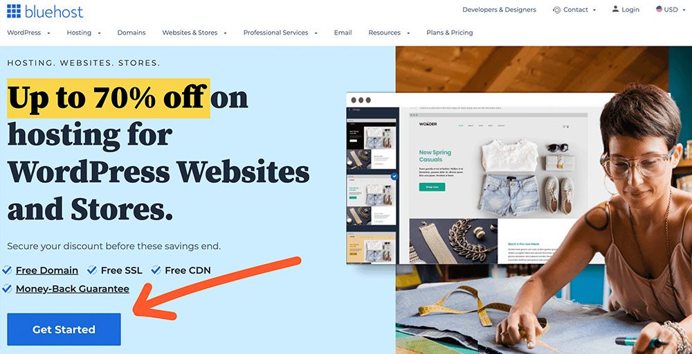 Screenshot of the home page of Bluehost website with an arrow highlighting the get started button.