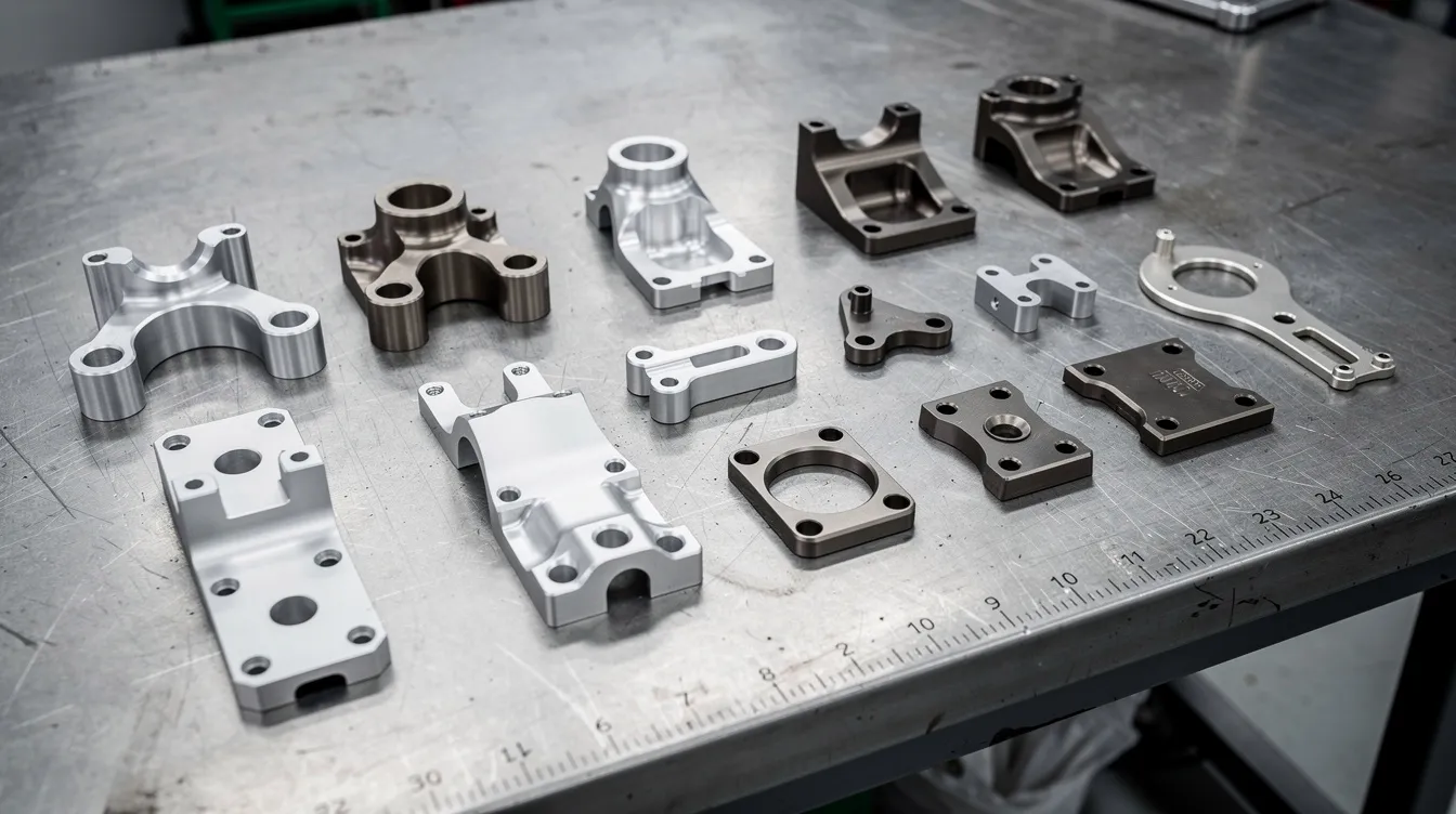 The image features an assortment of precision-machined aerospace metal parts, including brackets, fittings, and structural connectors, neatly arranged on a workbench. These components, made from aluminum and titanium alloys, are designed for high-stress applications in the aerospace industry, showcasing their exceptional strength-to-weight ratio and corrosion resistance.