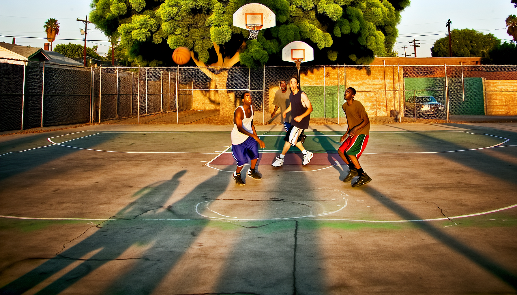 A group of people playing basketball at a local court