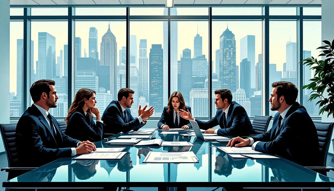A law firm office with attorneys discussing a case.
