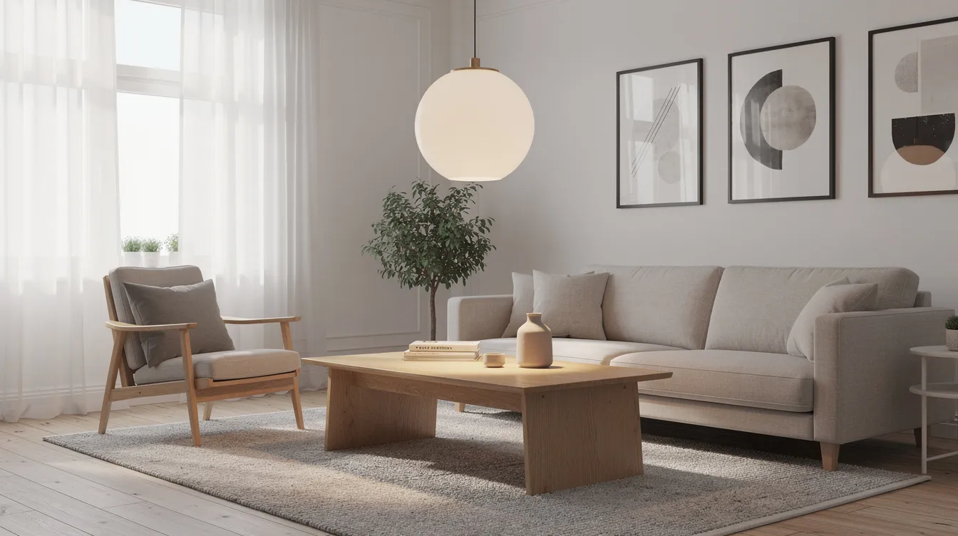 I det skandinaviska vardagsrummet hänger en rund opalglaslampa ovanför soffbordet, som ger ett mjukt och behagligt ljus. Lampan skapar en modern atmosfär och passar perfekt in i inredningen.