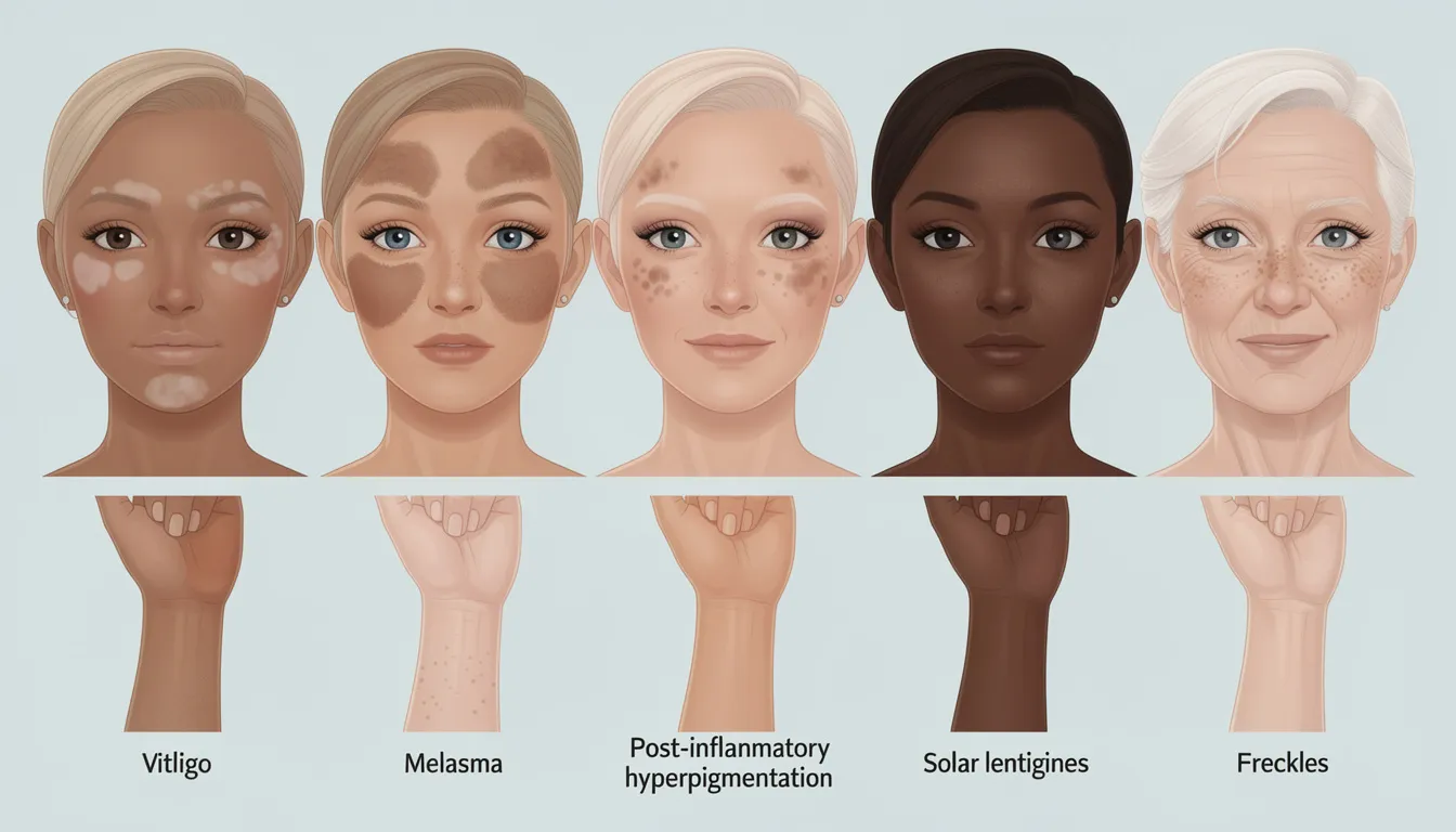 The image compares various pigmentation disorders across different skin tones, highlighting conditions such as melasma and dark spots on both lighter and darker skin. It visually represents the effects of sun exposure and skin pigmentation problems, showcasing the diversity of skin color and the impact of melanin production on skin health.