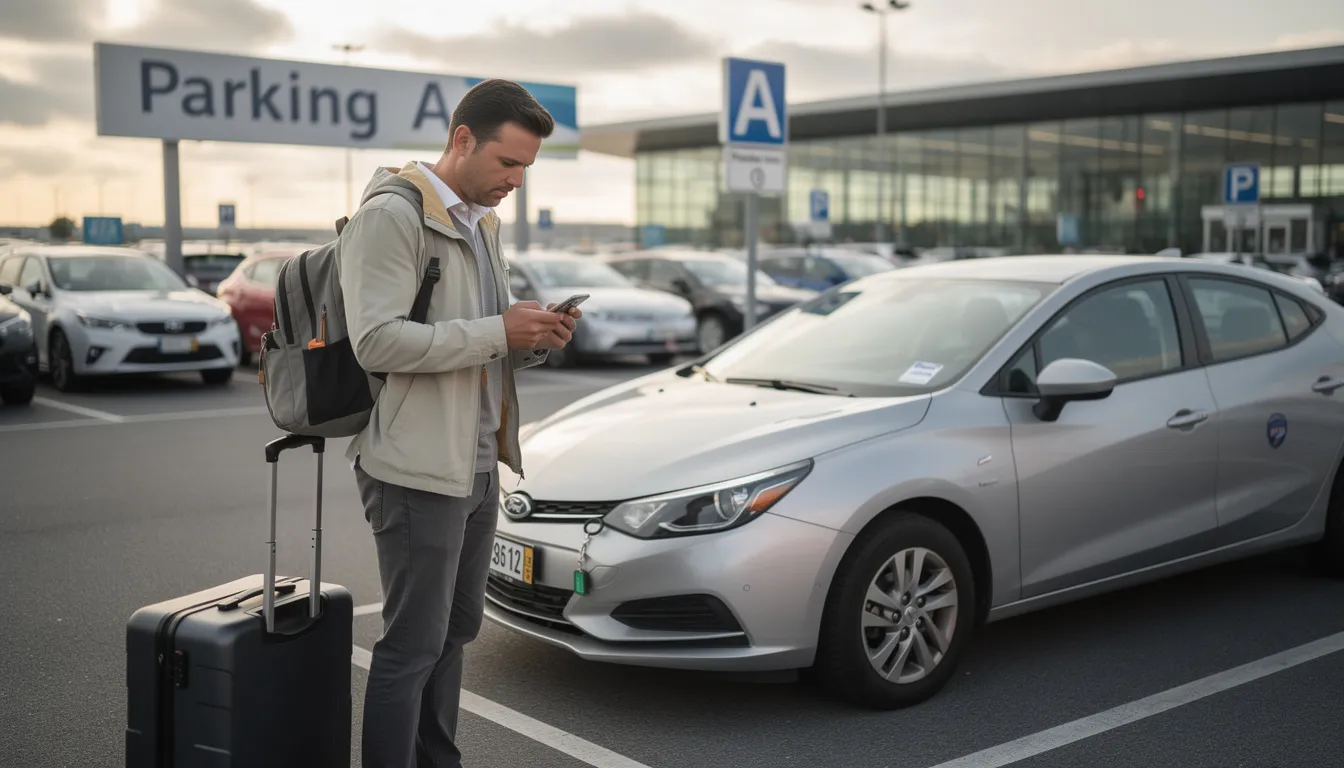 Un voyageur examine son téléphone portable devant une voiture de location dans un parking d'aéroport, probablement en train de vérifier des informations sur sa réservation ou les conditions de location. On peut voir la voiture, prête à être prise en charge, tandis que le voyageur semble concentré sur son écran, réfléchissant aux détails de son départ.