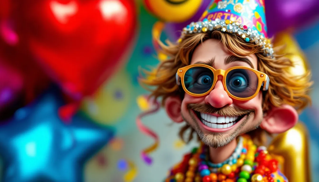 A close-up of a custom bobblehead wearing a party hat, surrounded by colorful balloons, captures the essence of a hilarious gift perfect for celebrating a special day. This novelty gift is designed to bring laughter and joy to friends and family, making it an entertaining addition to any birthday party.