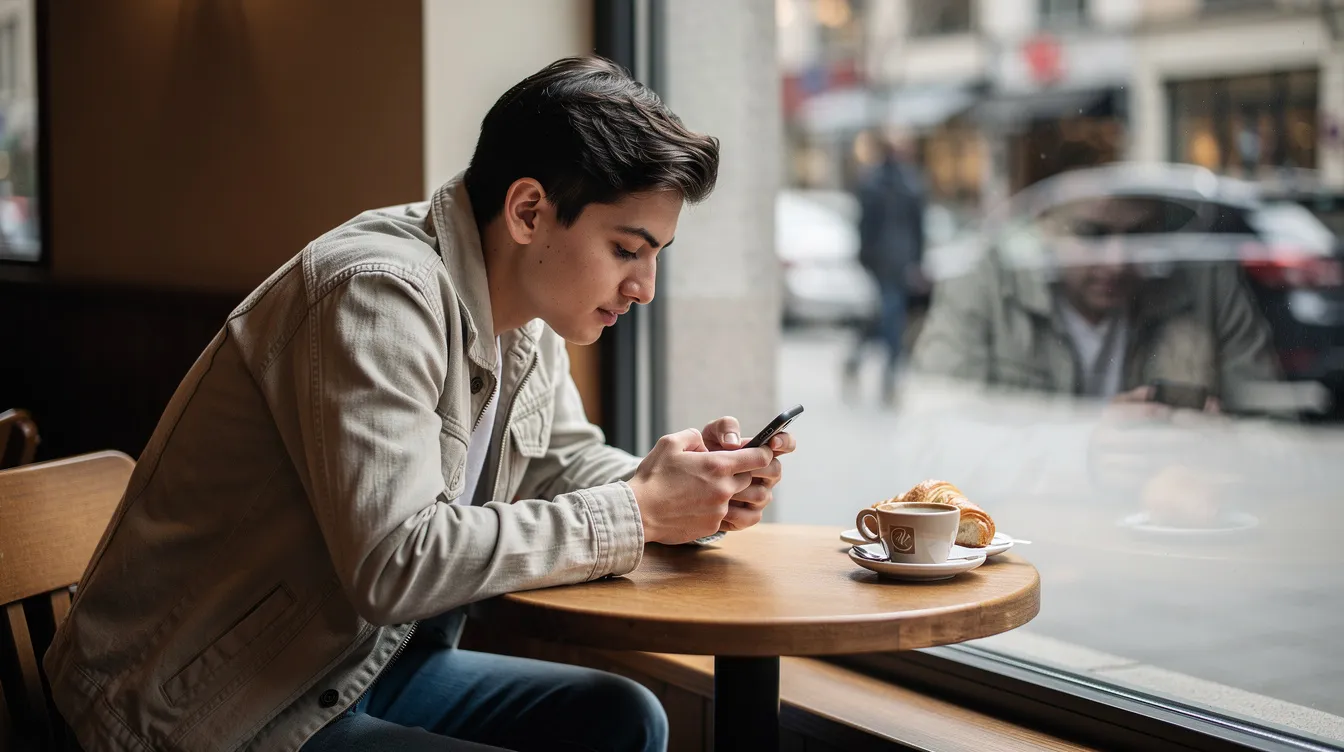 A person is sitting at a coffee shop window, intently texting on their smartphone, possibly exploring a dating app or connecting with friends. The scene reflects a casual moment in life where real connections and conversations unfold, hinting at the early stage of a relationship or a fun way to engage with potential matches.