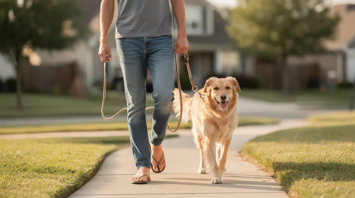 The image depicts a person walking an adult rescue dog on a loose leash in a grassy park, illustrating the fundamentals of loose leash walking. The dog appears relaxed and attentive, with slack in the leash, showcasing effective dog training techniques that promote good behavior and control during walks.