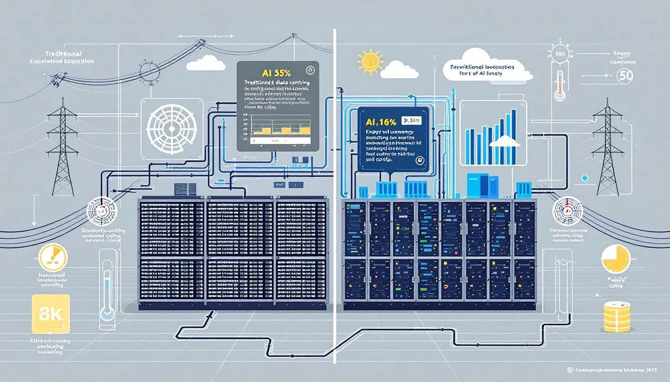 The image depicts a modern AI-centric data center, showcasing rows of specialized computer chips and cooling systems designed to handle the high energy consumption of AI models. This facility highlights the environmental implications of AI's growing electricity demand, which could soon surpass bitcoin mining in power consumption.