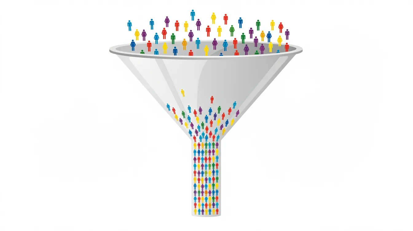 The image depicts a wide funnel that narrows downward, with small colorful figures of people moving through it, symbolizing the journey of potential customers in a digital marketing strategy. This visual represents the process of lead generation and engagement within digital marketing campaigns against a clean white background.