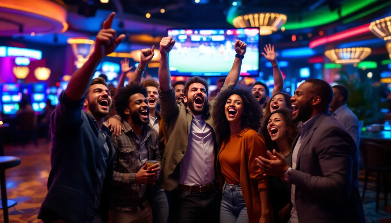 The image depicts a group of happy people celebrating their sports betting wins, showcasing their excitement and joy as they engage with a sports betting platform. Their expressions reflect the thrill of placing bets on various sporting events, highlighting the sense of community among users enjoying their winnings.