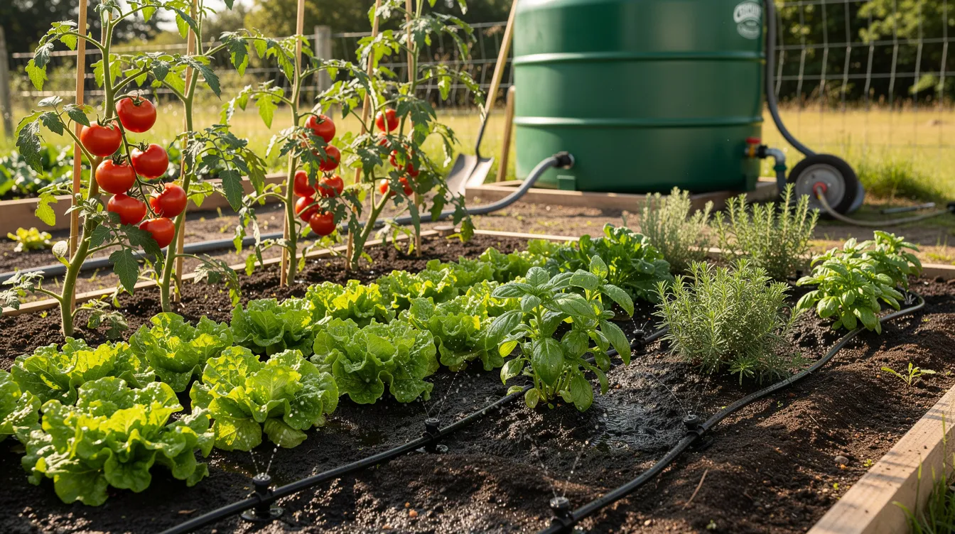 L'image montre un potager luxuriant avec des tomates, de la laitue et des herbes, arrosé par un système d'irrigation goutte-à-goutte relié à une grande cuve de récupération d'eau de pluie verte en arrière-plan. Ce jardin illustre l'utilisation efficace de l'eau de pluie pour l'arrosage des plantes.