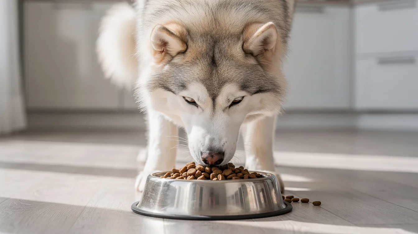 A Canadian Eskimo Dog, characterized by its thick fur and wolf-like appearance, is happily eating high-quality kibble from a dog bowl. This breed, known for its strength and endurance as a working dog in harsh Arctic conditions, enjoys its meal in a cozy indoor setting.