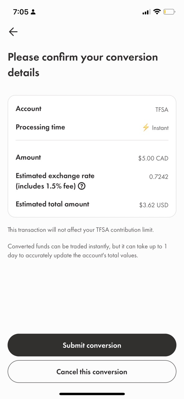 Conversion Confirmation Screen on Wealthsimple Trade App