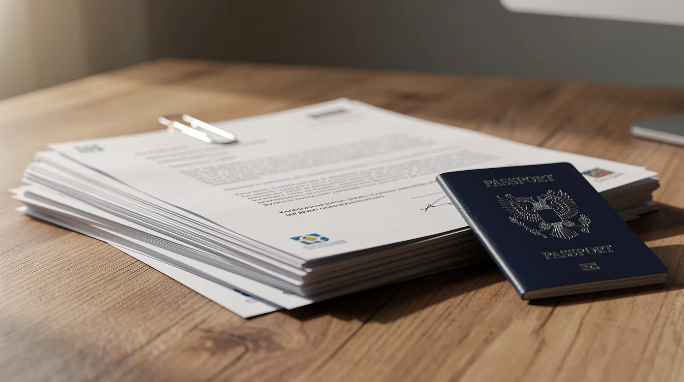 The image shows a stack of official documents alongside a passport on a wooden desk, symbolizing the preparation for a UK visitor visa application. These documents may include the visa application form and supporting evidence required for a successful application to visit the UK.