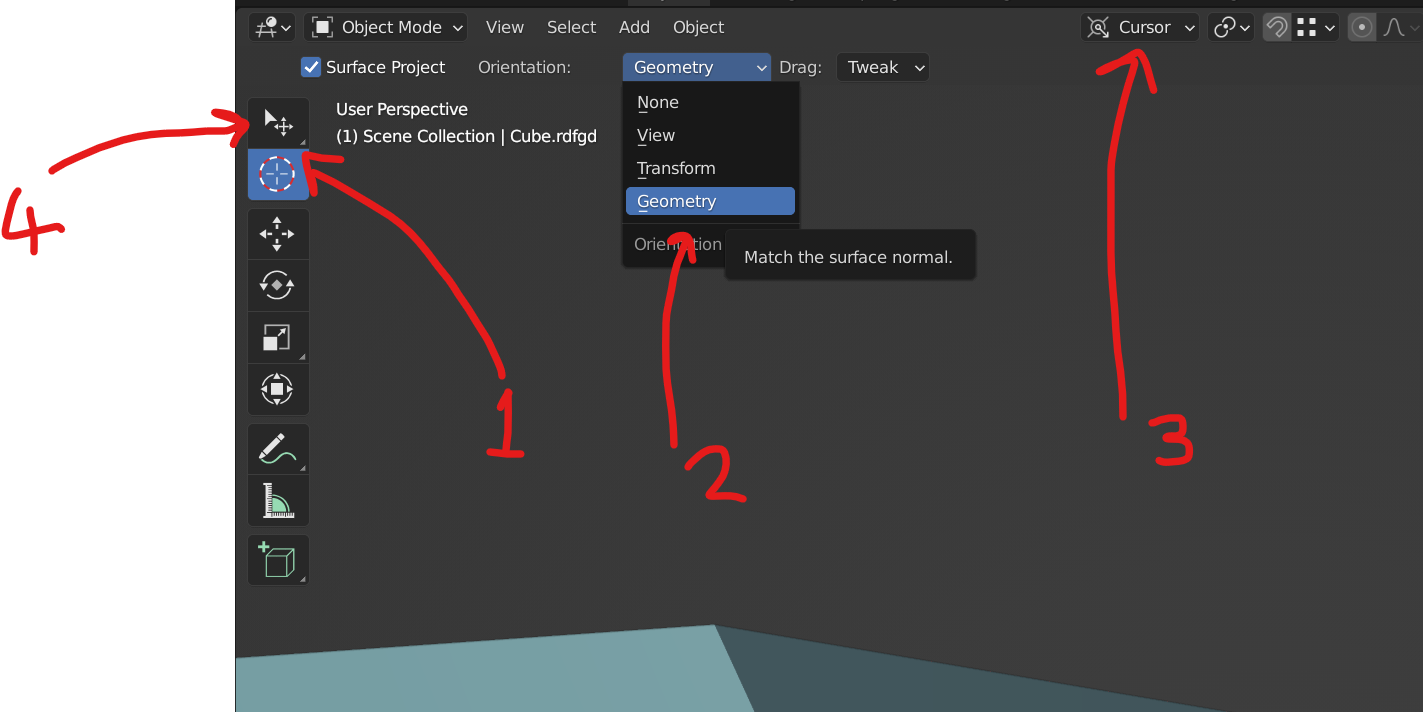 Cursor Transofrm orientation in Blender set to Geometry.