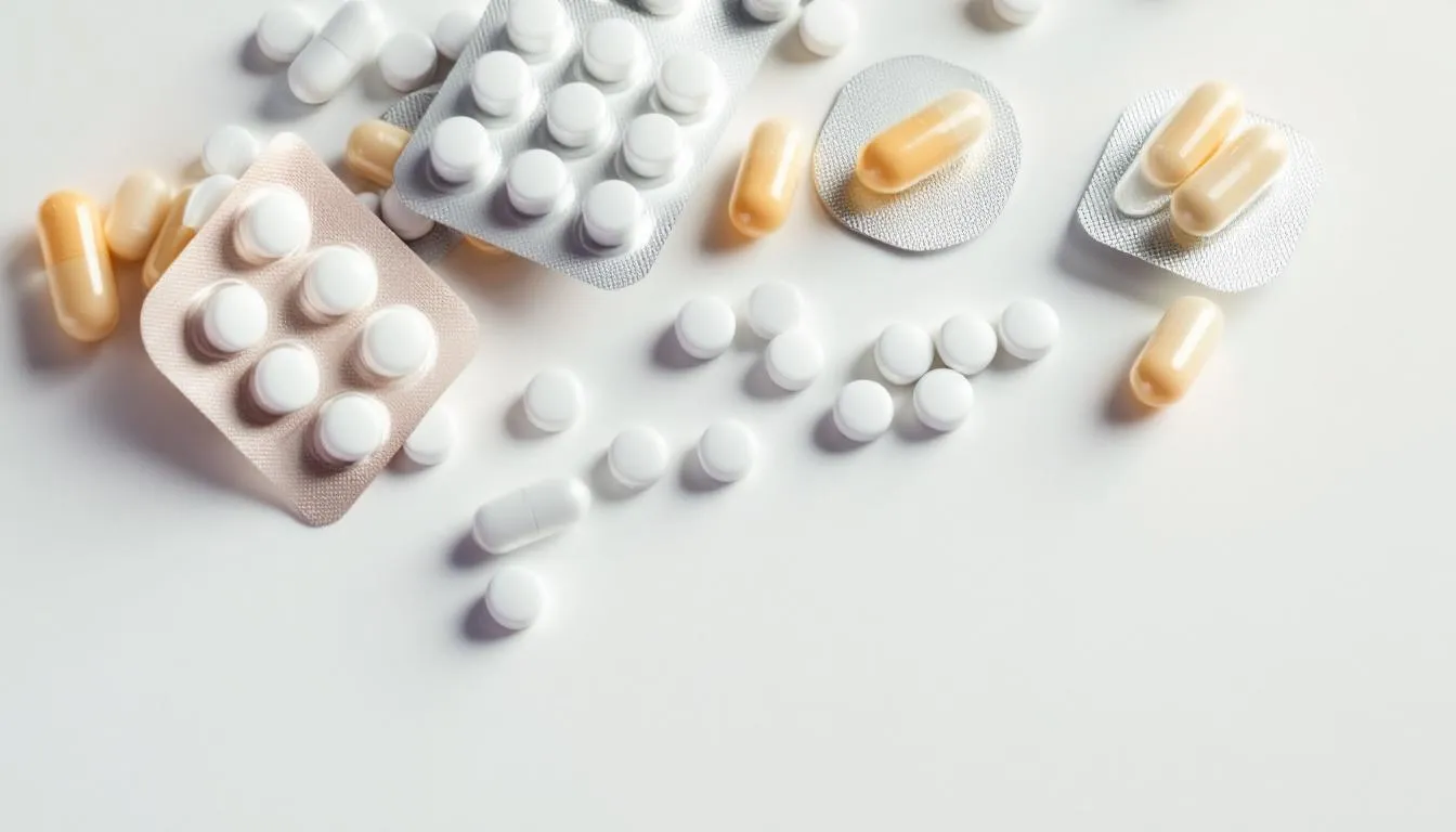 The image features magnesium lactate tablets and capsules neatly arranged on a clean white surface, highlighting their role as dietary supplements for maintaining healthy magnesium levels in the body. These mineral supplements are essential for various bodily functions, including muscle contraction and supporting the nervous system.