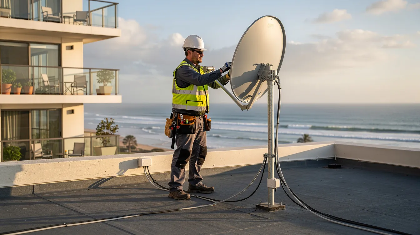 A technician is installing a satellite dish on the rooftop of a coastal apartment building, ensuring optimal signal reception for DSTV services. This professional DSTV installation in Clifton highlights the importance of experienced installers for quality service and customer satisfaction.