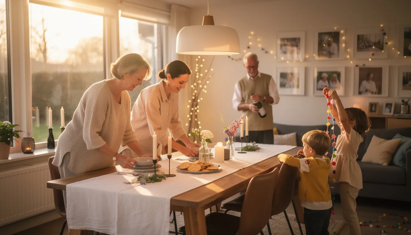 Een familie staat in hun woonkamer en bereidt zich voor op een feestelijke bijeenkomst, omringd door netjes gestreken kleding en een berg strijkgoed. Ze zijn druk bezig met huishoudelijke taken, terwijl ze nadenken over het gebruik van elektronische dienstencheques voor strijkhulp en andere huishoudelijke taken.