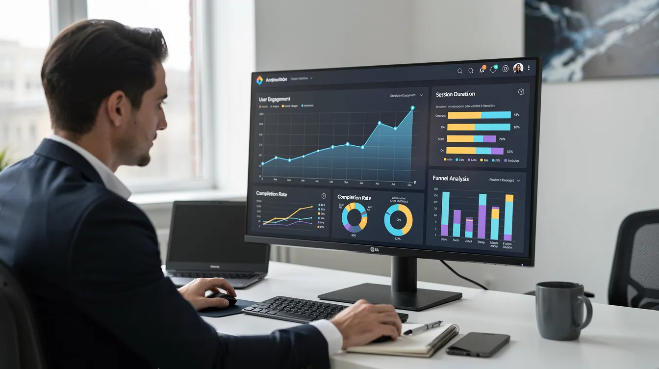 A professional is intently reviewing analytics dashboards on a monitor, which display engagement metrics and completion data related to a learning management system (LMS). This analysis aids in understanding learner progress and enhancing training delivery for improved business outcomes. A professional is intently reviewing analytics dashboards on a monitor, which display engagement metrics and completion data related to a learning management system (LMS). This analysis aids in understanding learner progress and enhancing training delivery for improved business outcomes.