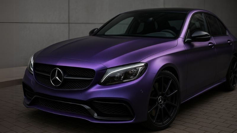 Car wrapped in satin purple vinyl wrap