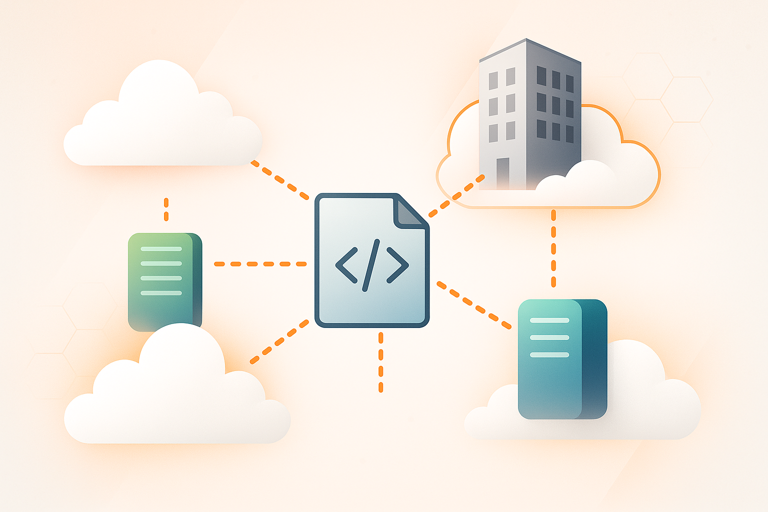 Hybrid cloud network diagram illustrating infrastructure deployments across multiple environments, featuring servers, clouds, and office building interconnected by code.