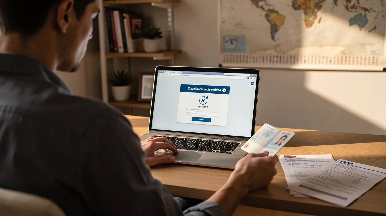 A person is seated at a desk in a home office, using a laptop to verify their travel documents online, including an e-visa application. The environment is organized, with papers and a pen nearby, indicating they are an applicant checking for approval status in the system.