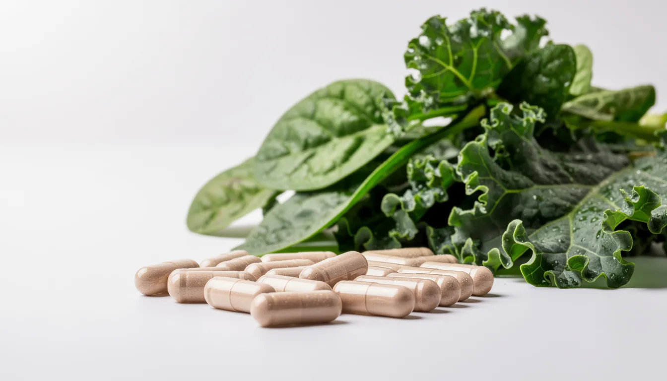The image features a collection of supplement capsules arranged beside an assortment of leafy green vegetables, highlighting a focus on dietary supplements that support mitochondrial health and cellular energy production. This combination emphasizes the importance of nutrients for improving mitochondrial function and overall health.