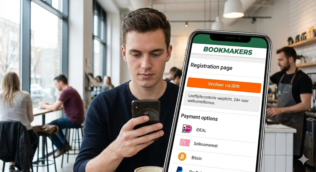 Speler registreert zich bij een van de legale Nederlandse bookmakers via iDIN-verificatie op smartphone, voorbeeld van online bookmakers met Nederlandse Kansspelautoriteit-vergunning, veilige registratie met iDEAL als betaalmethode, leeftijdscontrole 18+ en 24+ voor bonussen, voor online weddenschappen, live wedden en wedden op sport volgens de Nederlandse wetgeving.