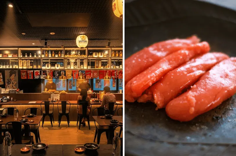 A split image featuring a contemporary izakaya interior with a well-stocked illuminated bottle shelf, hanging Japanese banners, and diners at the counter on the left, paired with a macro shot of vibrant, bright red mentaiko (spicy cod roe) on the right.