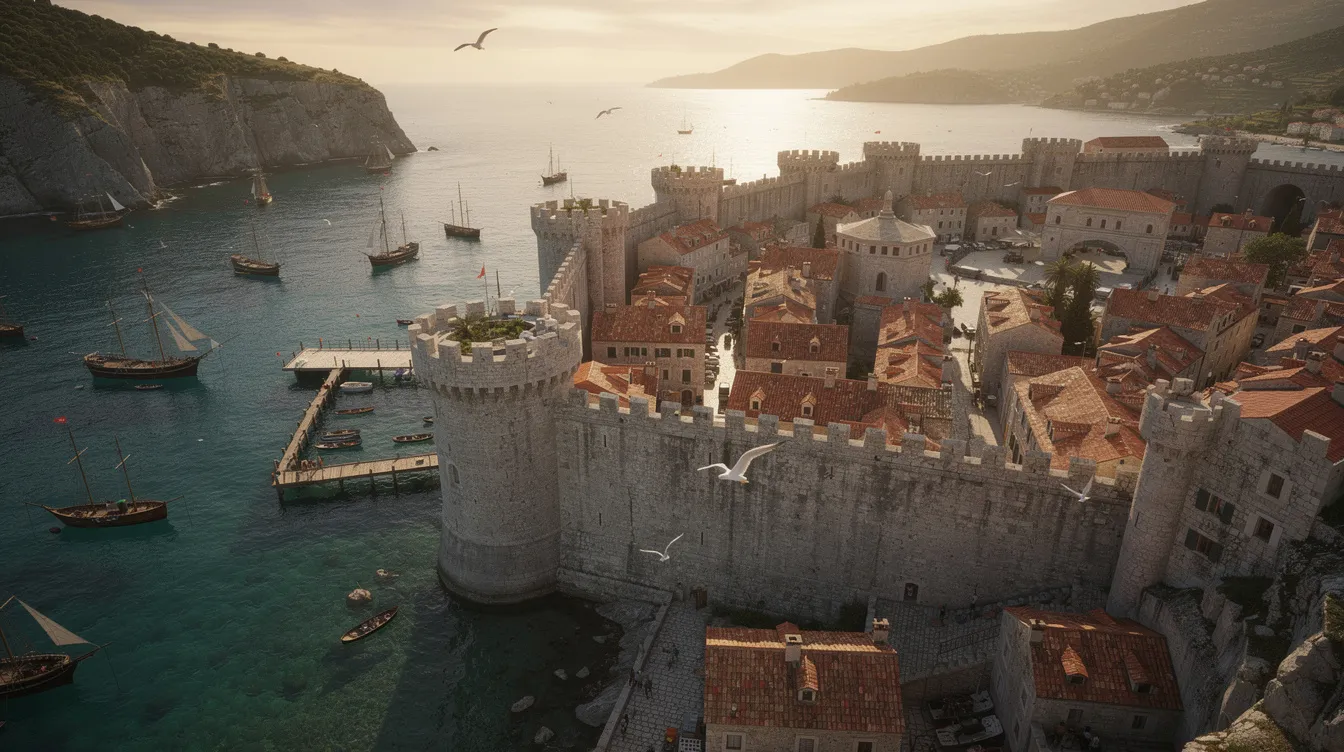 A imagem mostra uma vista panorâmica de uma cidade costeira medieval, cercada por imponentes muralhas antigas, com o mar cristalino refletindo a luz do sol. Esta cena remete à rica cultura da Croácia, destacando a beleza e a história da região.