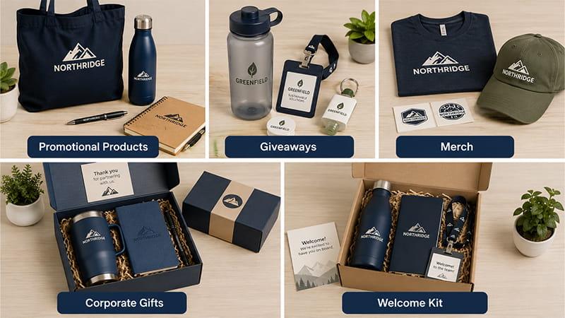 Promotional products, giveaways, merch, corporate gifts, and welcome kits matched to different business situations