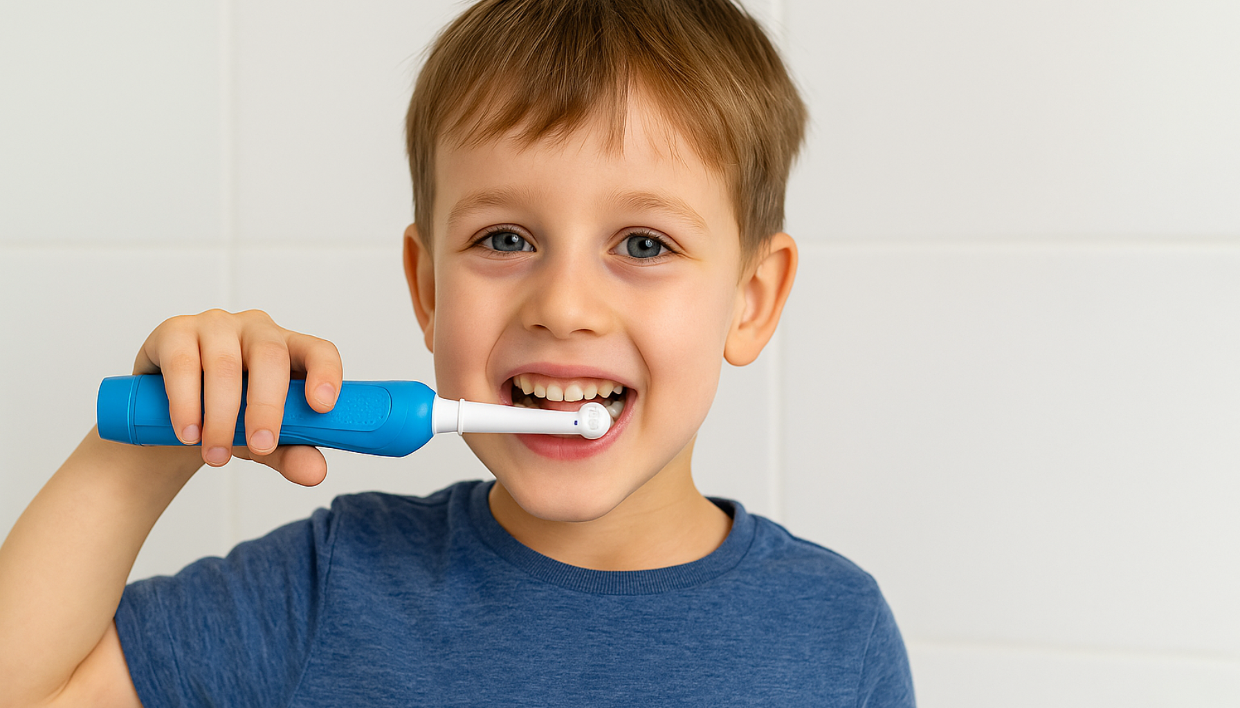 Elektrisk tannbørste for barn – Den smarte veien til bedre tannhelse 18 "Gutt smiler mens han pusser tennene med elektrisk tannbørste i et lyst baderom."
