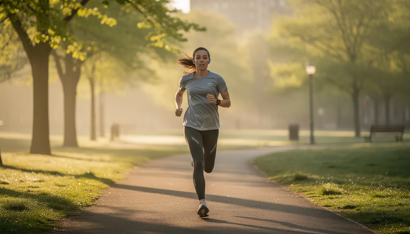 A person jogs through a sunlit park in the morning, showcasing the importance of exercise for mental health and cognitive function. This outdoor activity contributes to a healthy lifestyle, promoting energy and recovery while potentially aiding in weight loss and longevity.