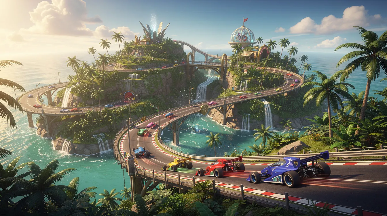 The image depicts a vibrant fantasy race track winding through a lush tropical island, with colorful karts speeding in the distance, reminiscent of the thrilling gameplay found in the Mario Kart series. Players can enjoy multiplayer modes and explore various power-ups as they race against friends and other players.