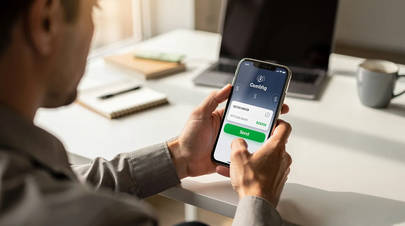 A person is seated at a desk, focused on their smartphone as they initiate a digital money transfer, possibly through a bank in India like IDBI Bank or a local branch in Baroda. The scene captures the convenience of modern transactions in today's banking environment.