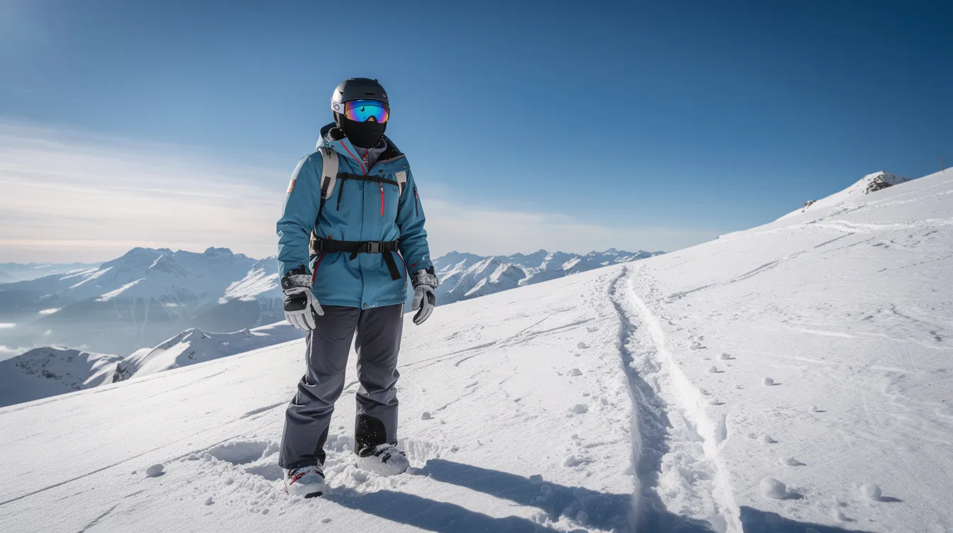 Eine Person in bunter Skibekleidung steht auf einem verschneiten Berg und blickt glücklich auf die Piste. Sie trägt einen Skihelm und hält Skistöcke in der Hand, bereit für den nächsten Schwung im Skiurlaub.