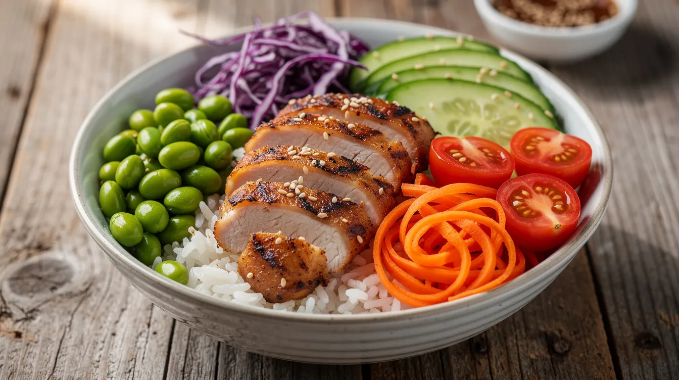 Auf dem Holztisch liegt eine bunte Bowl, gefüllt mit gegrilltem Hähnchen, duftendem Reis und frischem Gemüse wie Brokkoli und Spinat. Dieses Gericht ist eine gesunde Wahl für das Mittagessen und passt perfekt zu einem Fitness-Lifestyle.