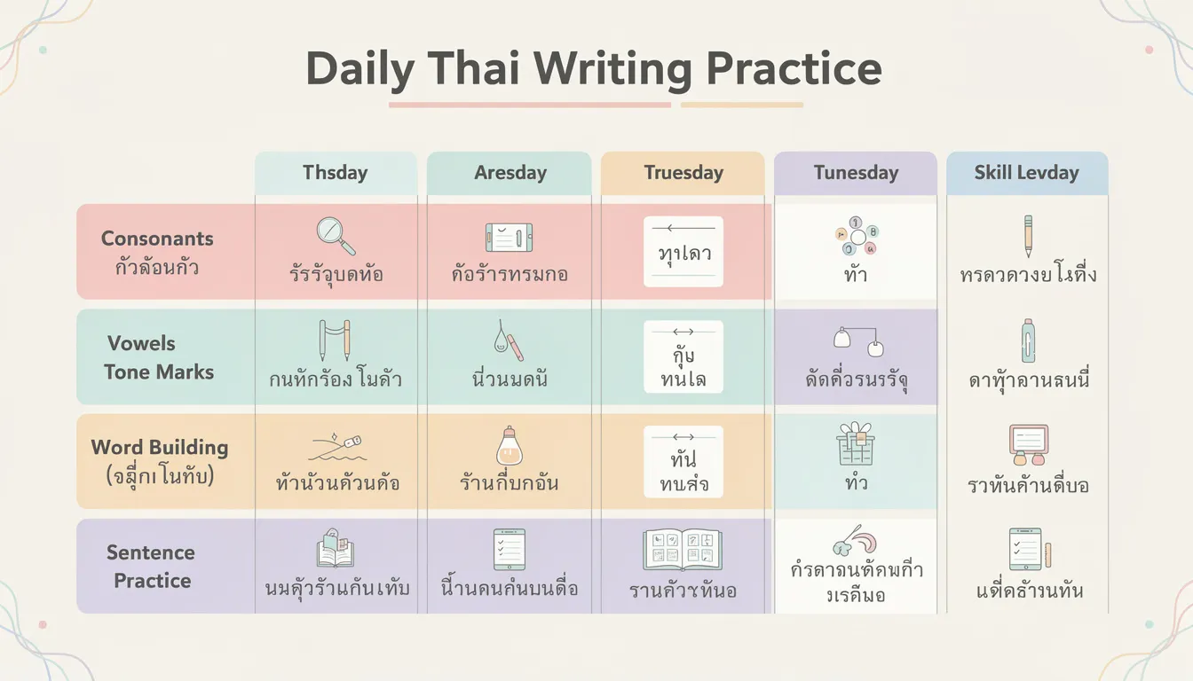 The image depicts a daily practice schedule chart designed to aid learners in mastering Thai writing, featuring sections for Thai consonants, vowels, and tone marks. It highlights the progression in writing Thai letters, emphasizing the importance of understanding the tonal language's unique writing system and the combination of classes for effective communication in the Thai language.