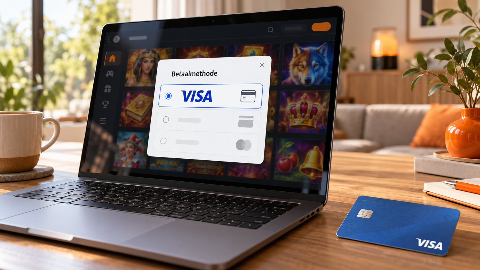 Laptop met Visa als geselecteerde betaalmethode bij een online casino en een Visa-kaart op tafel.