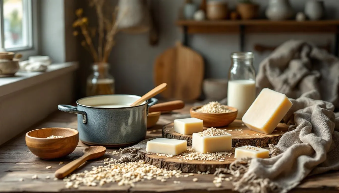 A step-by-step process of making oatmeal milk soap at home.