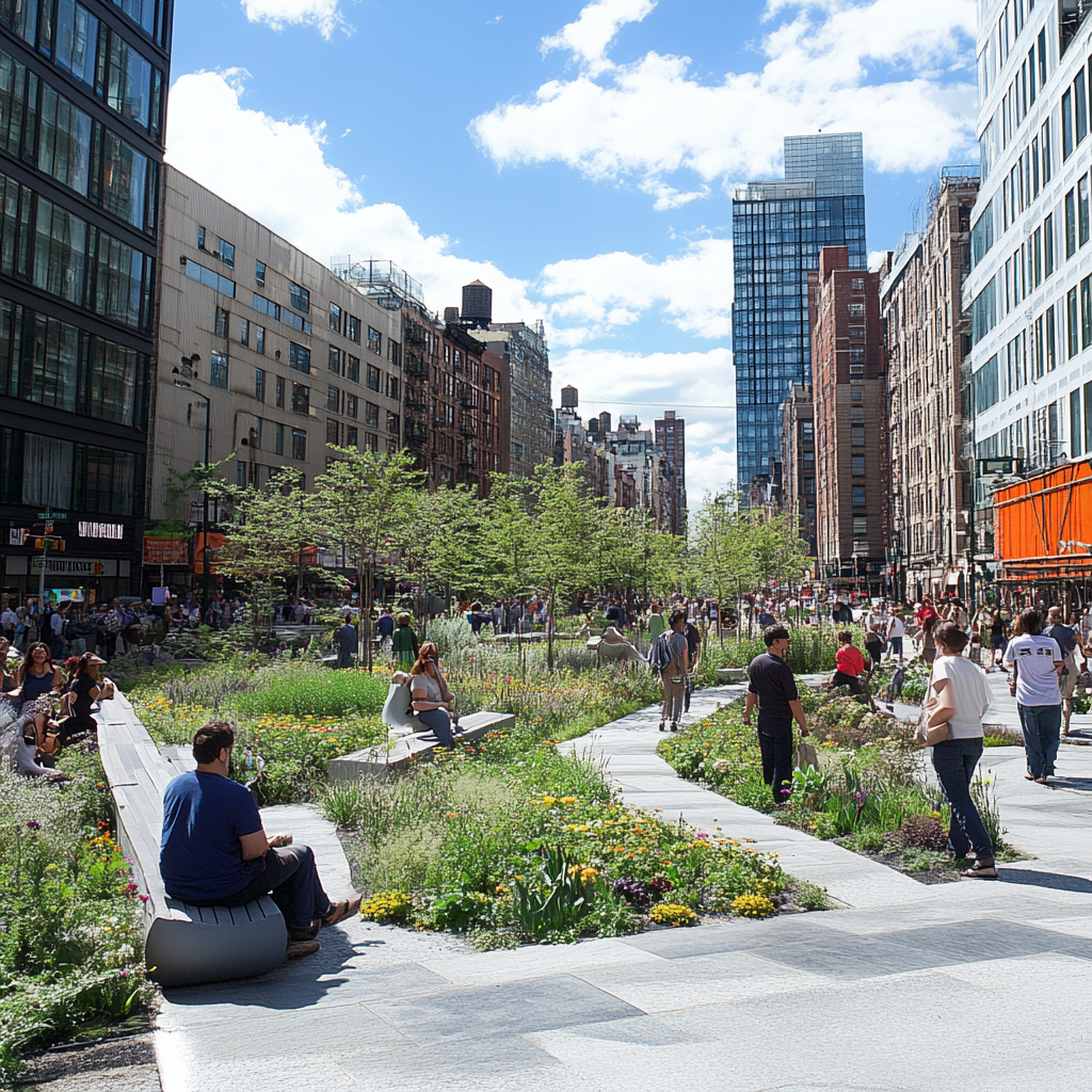 Public spaces in New York City, emphasizing green initiatives.