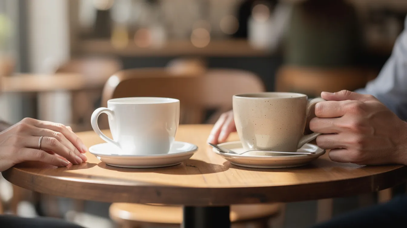 The image shows two coffee cups placed on a cafe table, with a partial view of two people's hands, suggesting a casual moment shared between a couple in the early stages of a new relationship. This intimate setting hints at their relationship status while maintaining a sense of privacy, reflecting the trend of soft launching a relationship in today's dating culture.