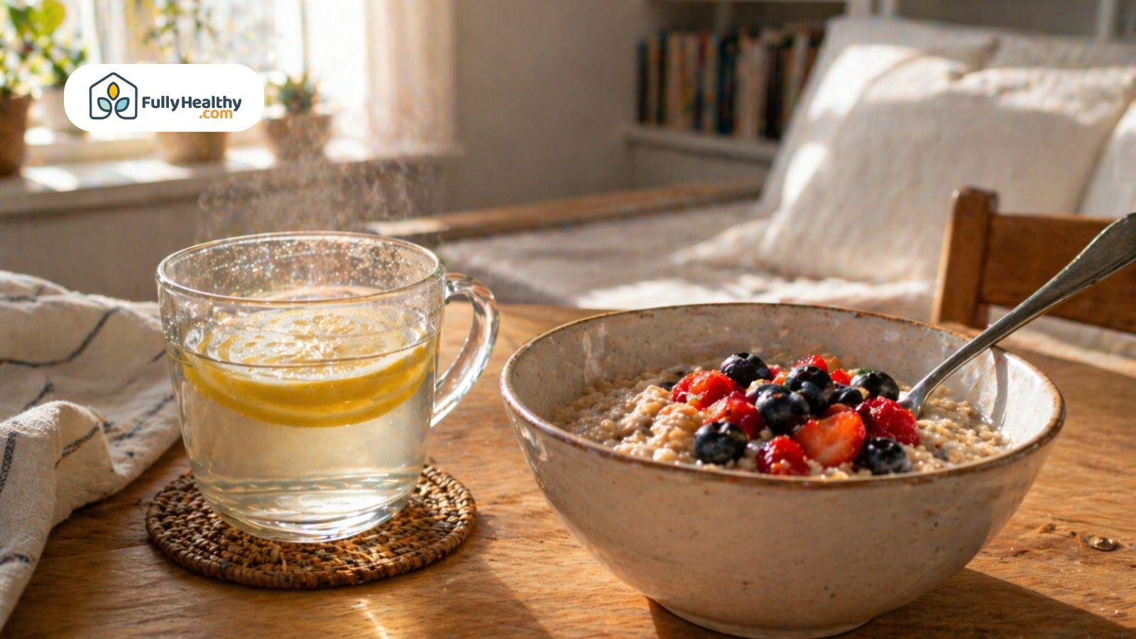 Bowl of oatmeal topped with berries beside warm lemon water in a sunlit kitchen.