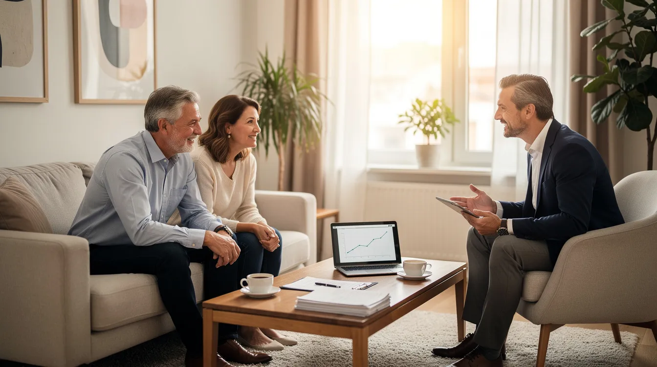 A mature couple is seated in a comfortable office, discussing financial planning with a professional financial advisor. The setting reflects a welcoming atmosphere, emphasizing the importance of financial services and investment strategies for clients looking to secure their future.