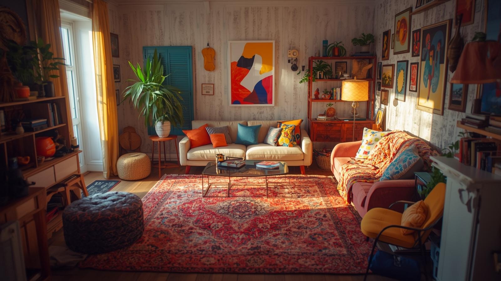 Small apartment living room with bold colours and a patterned rug